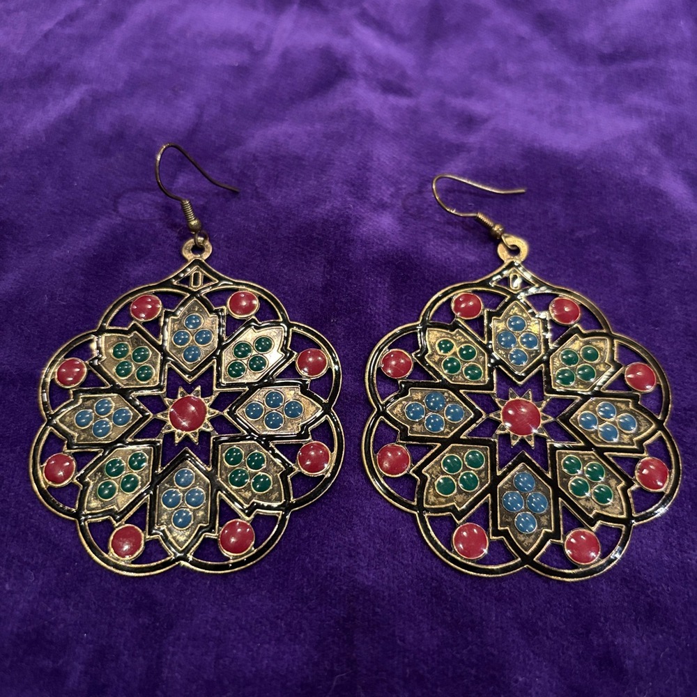 Moroccan Multicolor Enamel Mandala Medallion Design Drop Earrings - Picture 5 of 6